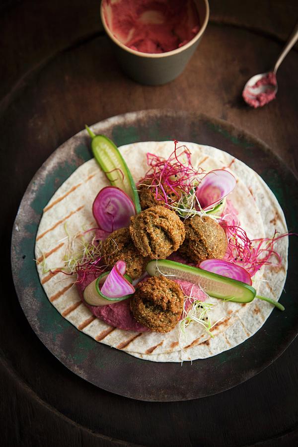 Vegan Falafel With Beetroot On A Tortilla Photograph by Eising Studio