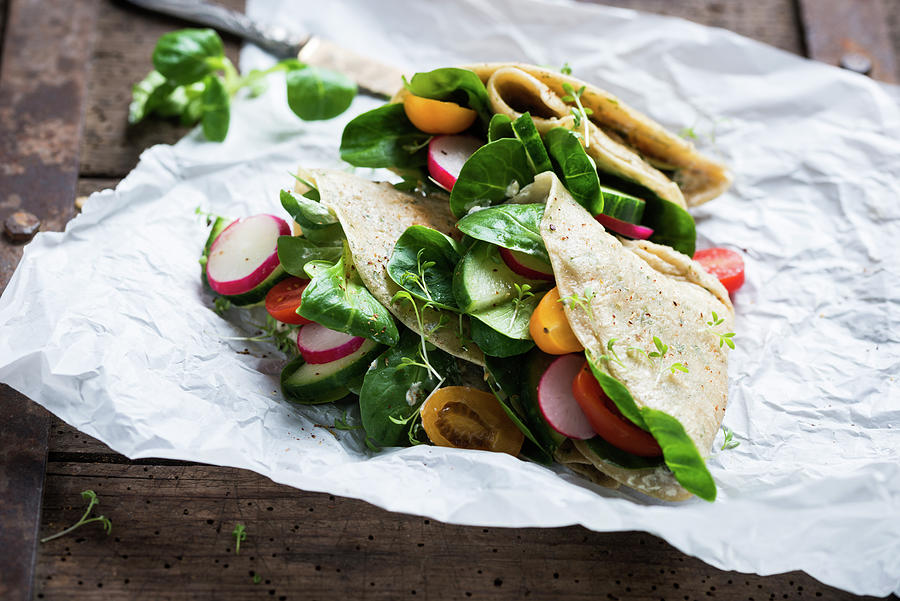 Vegan Herb Pancakes With Almond Cream Cheese Substitute And Colourful Vegetables Photograph by Kati Neudert