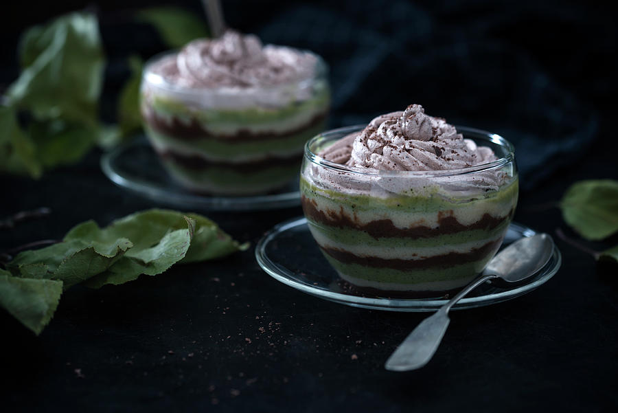 Vegan Layered Dessert With Matcha And Chocolate Rice Milk Cream, Dark Chocolate Semolina And Nougat Cream Photograph by Kati Neudert