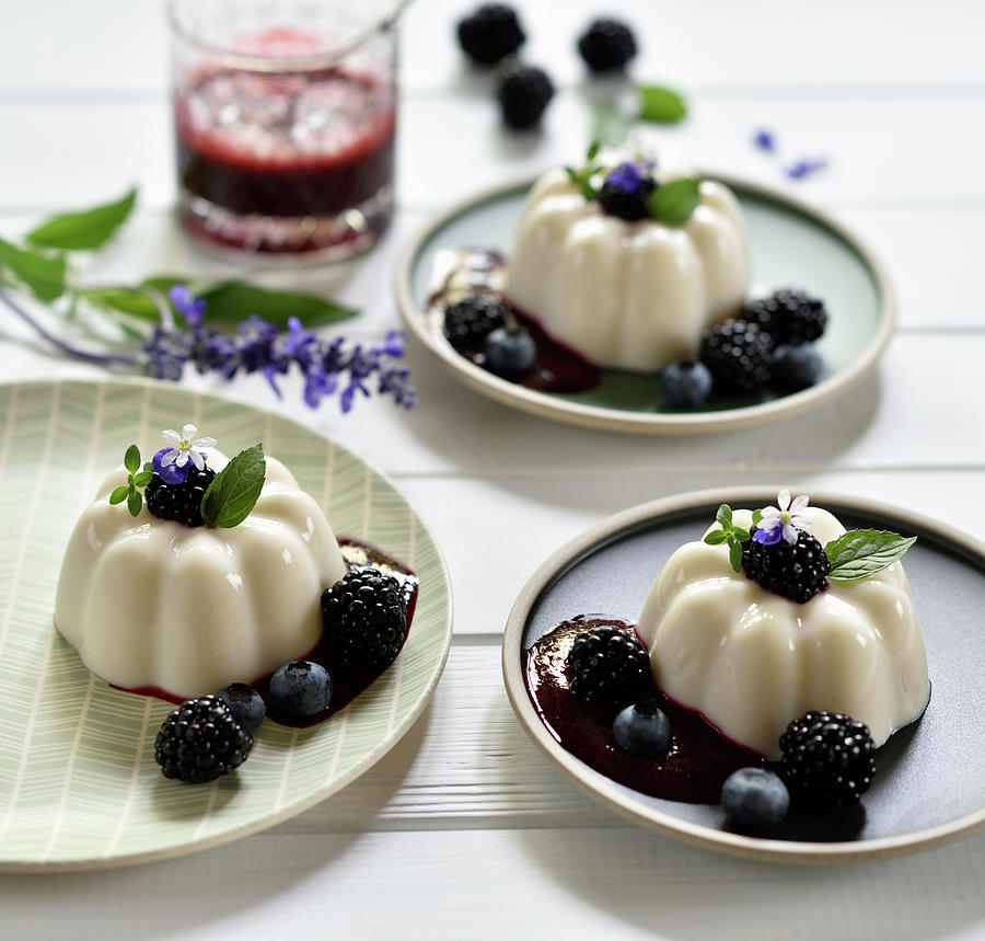 Vegan Lemon And Coconut Pudding With Blackberry Sauce, Fresh Blackberries And Blueberries Photograph by B.b.s Bakery