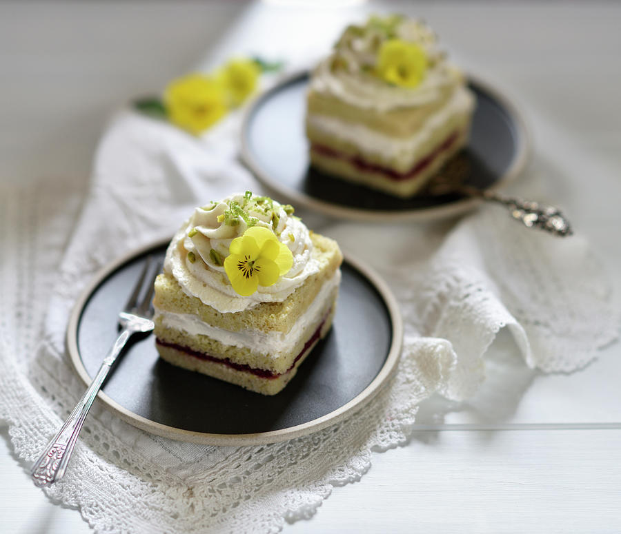 Vegan Lime And Sour Cream Cakes With A Light Raspberry Sponge Layer And Whipped Sour Cream Photograph by B.b.s Bakery