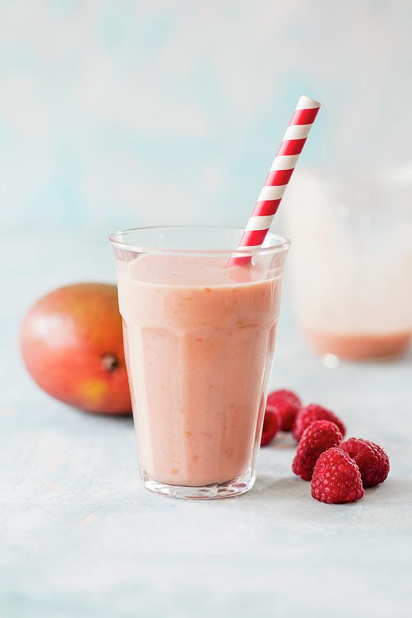 Vegan Mango & Raspberry Smoothie With Oat Milk And Coconut Water dextox Photograph by Jan Wischnewski