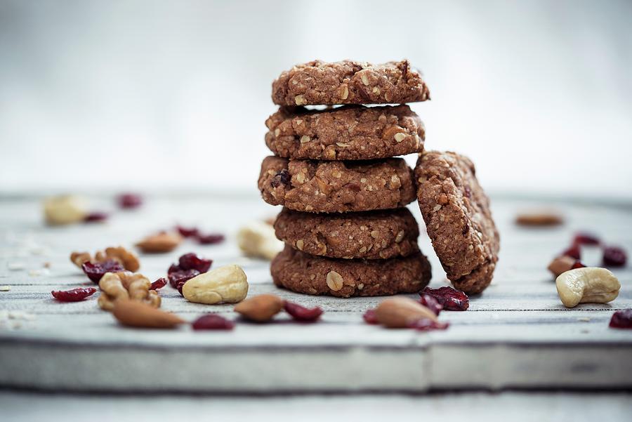 Vegan Muesli Biscuits With Cranberries, Nuts And Oats Photograph by Kati Neudert