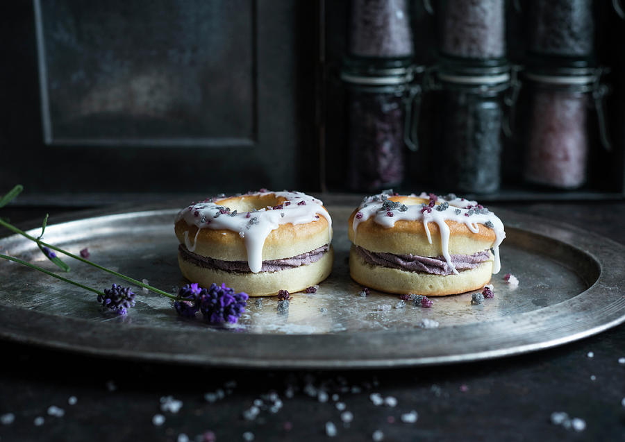 Vegan, Oven-baked Doughnuts With Lavender Cream And Icing Photograph by Kati Neudert