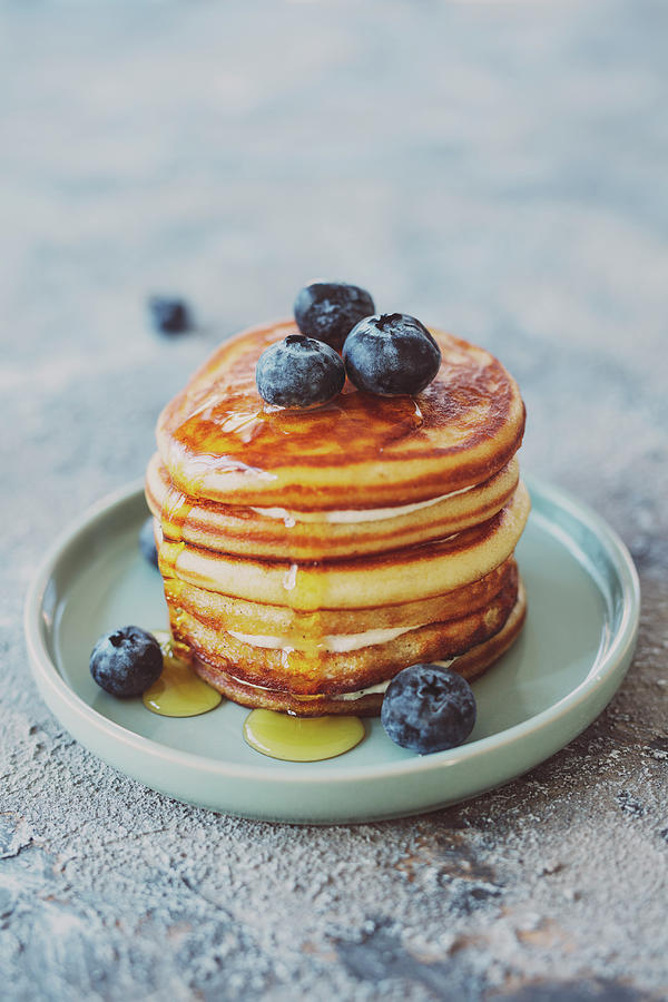 Vegan Pancakes With Cashew Cream Cheese, Agave Syrup And Blueberries Photograph by Jan Wischnewski