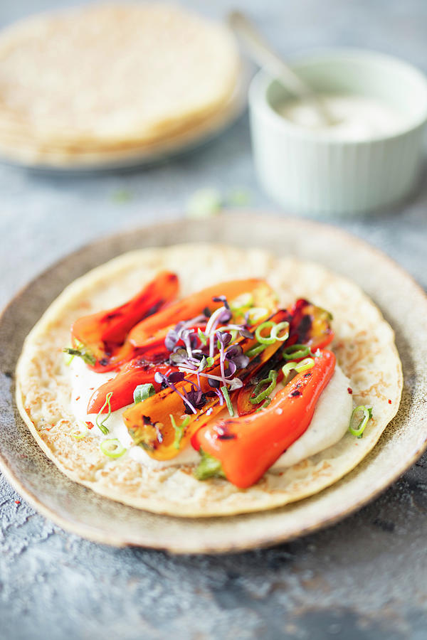 Vegan Pancakes With Grilled Peppers And Cashew Cream Cheese Photograph by Jan Wischnewski