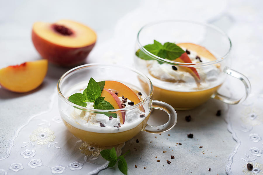 Vegan Peach Pudding With Whipped Soya Cream, Mint And Cocoa Nibs Photograph by Kati Neudert