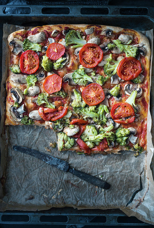 Vegan Pizza Made From Spelt Flour With Broccoli, Mushrooms And Tomatoes Photograph by Kati Neudert
