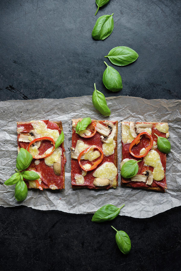 Vegan Pizza With A Flaxseed And Chia Seed Base low Carb, Topped With Vegan Salami, Peppers, Mushrooms And Almond Cheese Photograph by Kati Neudert