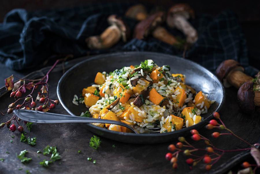 Vegan Rice Dish In A Pan With Pumpkin And Wild Mushrooms Photograph by Kati Neudert