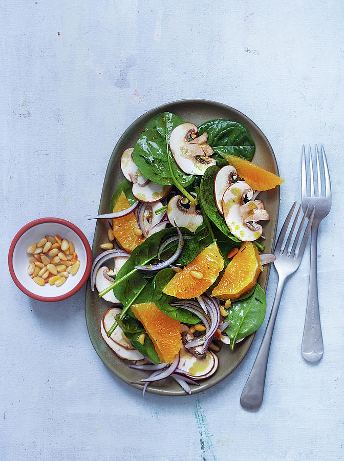 Vegan Salad With Baby Spinach, Mushrooms And Orange Fillets Photograph by Ira Leoni