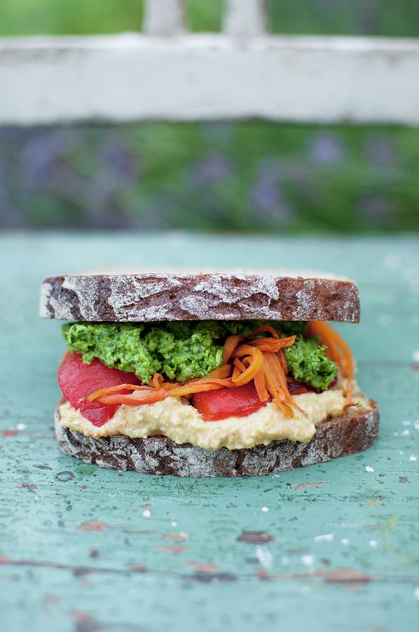Vegan Sandwich Made From Rye Bread With Corn Hummus, Roasted Red Pepper, Carrot And Parsley Pesto Photograph by Kachel Katarzyna
