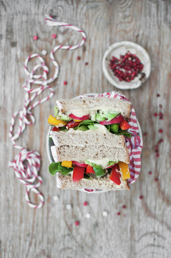 Vegan Sandwiches Filled With Hummus And Veggies bell Pepper, Radish, Avocado Photograph by Kachel Katarzyna
