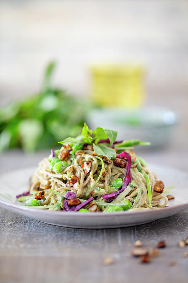 Vegan Soba Noodle Salad With Edamame, Red Cabbage, Chilli, Peanuts And A Thai Basil Dressing Photograph by Jan Wischnewski