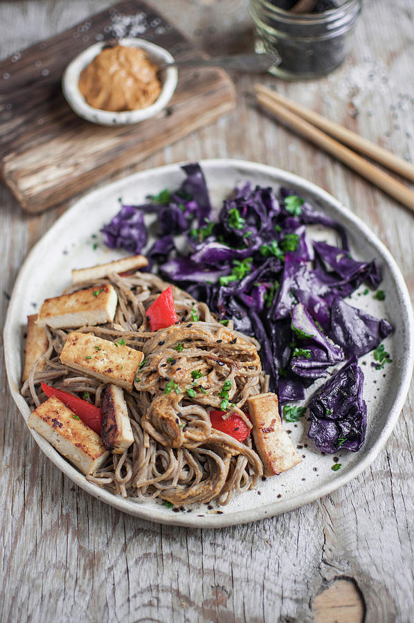 Vegan Soba Noodles With Peanut Sauce, Tofu And Bell Pepper. Served With Roasted Red Cabbage Photograph by Kachel Katarzyna