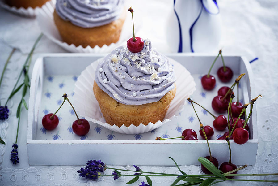 Vegan Sour Cherry Cupcakes With Lavender Cream Photograph by Kati Neudert