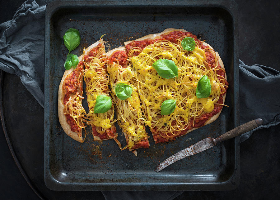 Vegan Spaghetti Bolognese Pizza Gratinated With East Dripping Photograph by Kati Neudert