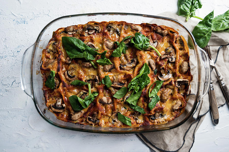 Vegan Spinach And Mushroom Lasagna In A Casserole Dish Photograph by Kati Neudert