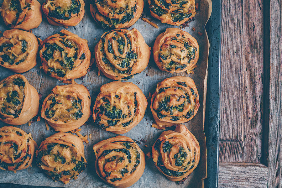 Vegan Spinach Buns With Cheese On Baking Paper Photograph by Freistyle