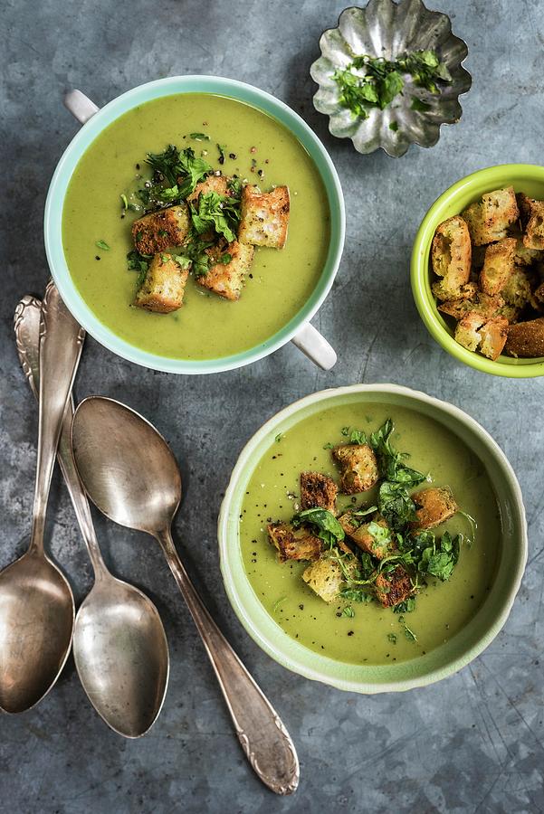 Vegan Spinach, Leek, Courgette & Coconut Milk Soup With Spicy Croutons Photograph by Lucy Parissi