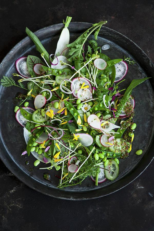 Vegan Spring Salad With Broad Beans, Radishes, Yarrow And Edible Flowers Photograph by Eising Studio