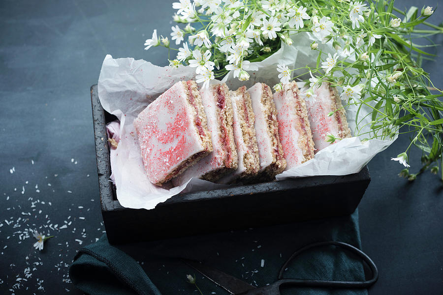 Vegan Strawberry And Rhubarb Slices With Spelt Flour And Grated Coconut Photograph by Kati Neudert