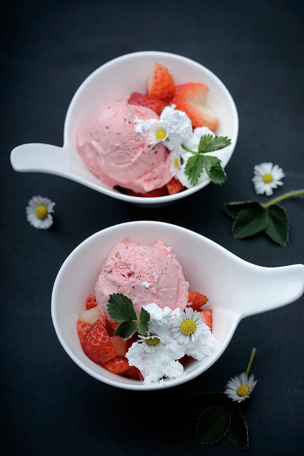 Vegan Strawberry Ice Cream With Fresh Fruit And Whipped Soya Cream Photograph by Kati Neudert