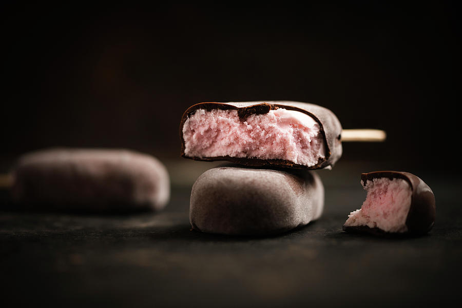 Vegan Strawberry Popsicles Covered With Dark Chocolate Photograph by Kati Neudert