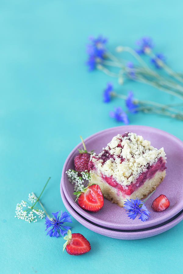 Vegan Strawberry Yeast Cake With Crumbles Photograph by Malgorzata Laniak