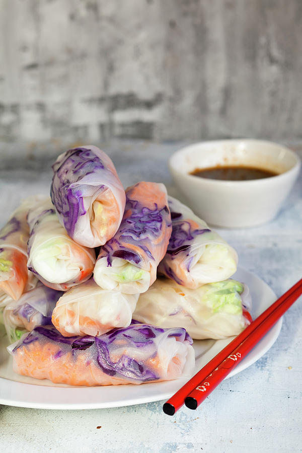 Vegan Summer Rolls With A Spicy Chili Dip Photograph by Susan Brooks-dammann