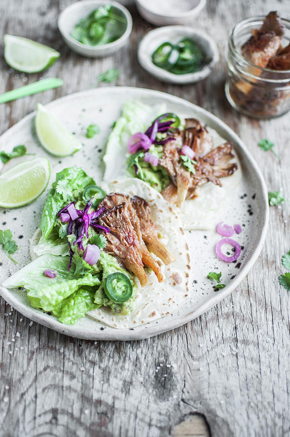 Vegan Tacos With Oyster Mushrooms, Jalapeno, Guacamole, Lettuce And Pickled Red Onion Photograph by Kachel Katarzyna