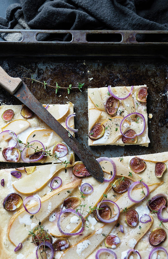 Vegan Tarte Flambe With Red Onions, Figs And Pears Photograph by Kati Neudert