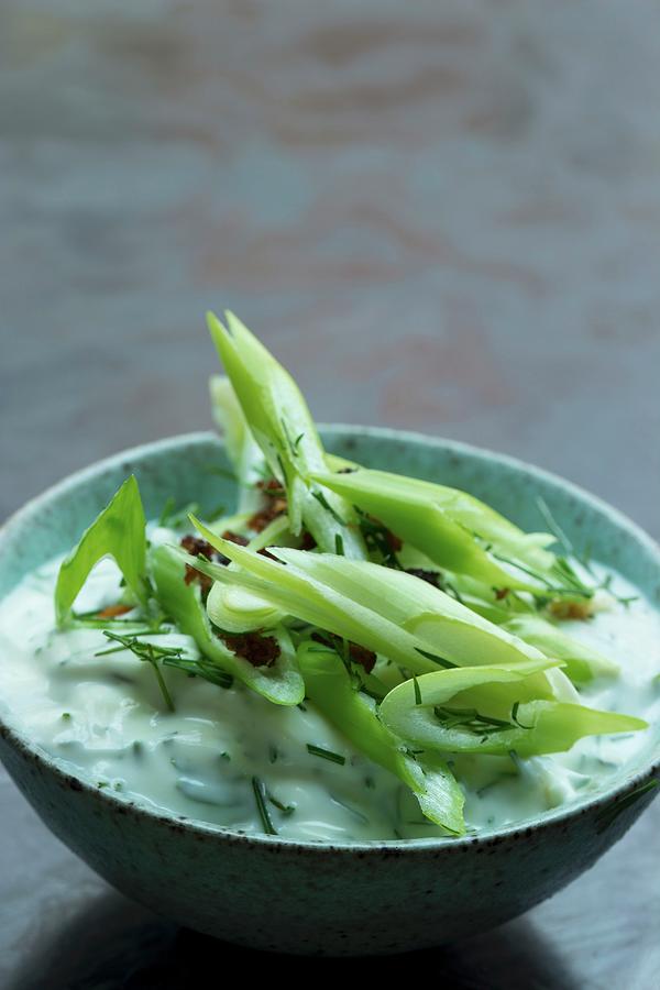 Vegan Tzatziki With Soya Yoghurt, Spring Onions, Cucumber And Dill In A Turquoise Blue Bowl Photograph by Charlotte Von Elm