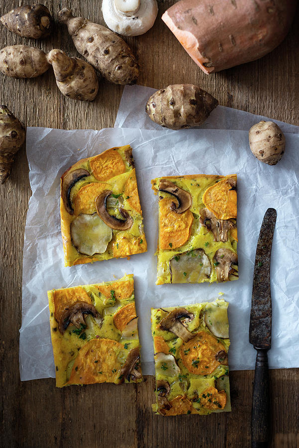 Vegan Vegetable Cake With Turmeric, Jerusalem Artichokes, Sweet Potatoes, Spring Onions And Mushrooms Photograph by Kati Neudert