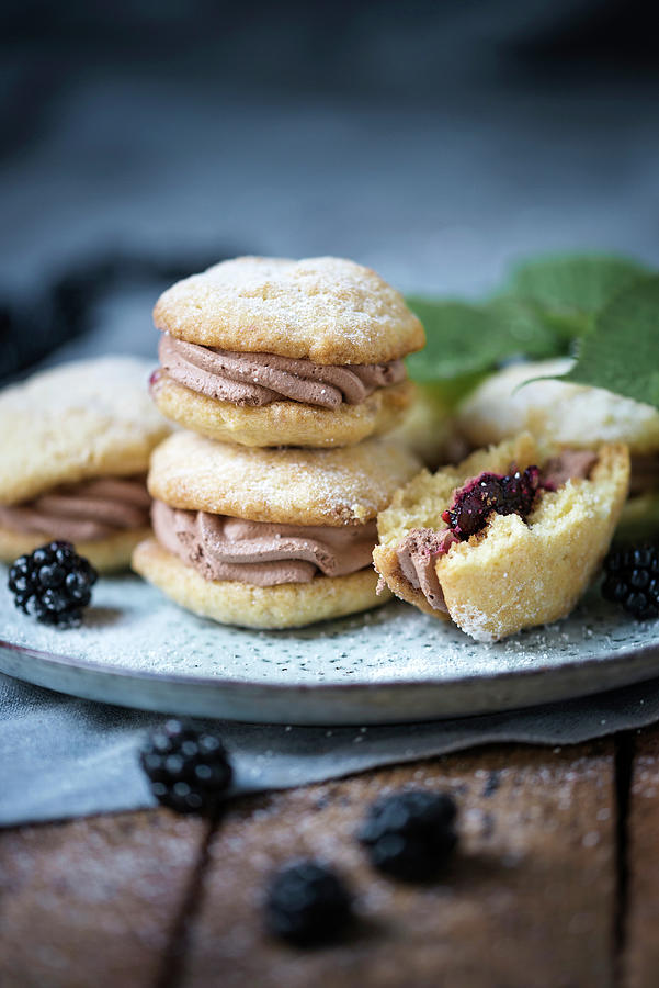 Vegan Whoopie Pies Filled With Blackberry Sauce And Chocolate Cream Photograph by Kati Neudert