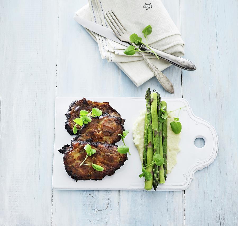 Vegetable And Carrot Cakes With Pine Nuts, Steamed Asparagus And Artichoke Pure Photograph by Mikkel Adsbl