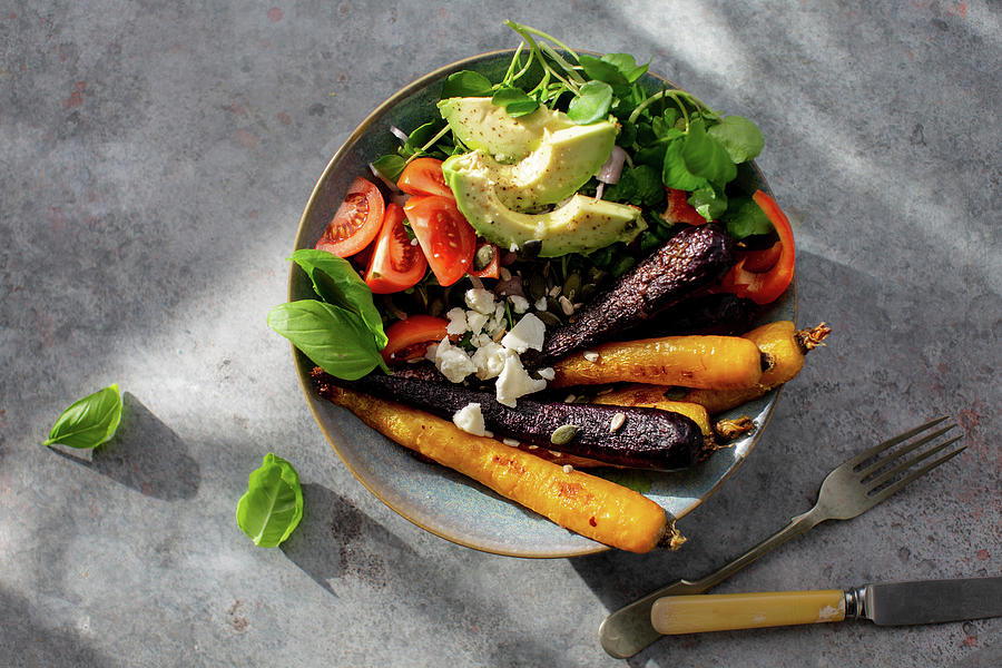 Vegetable Bowl With Roasted Carrots, Avocado And Feta Photograph by Lara Jane Thorpe