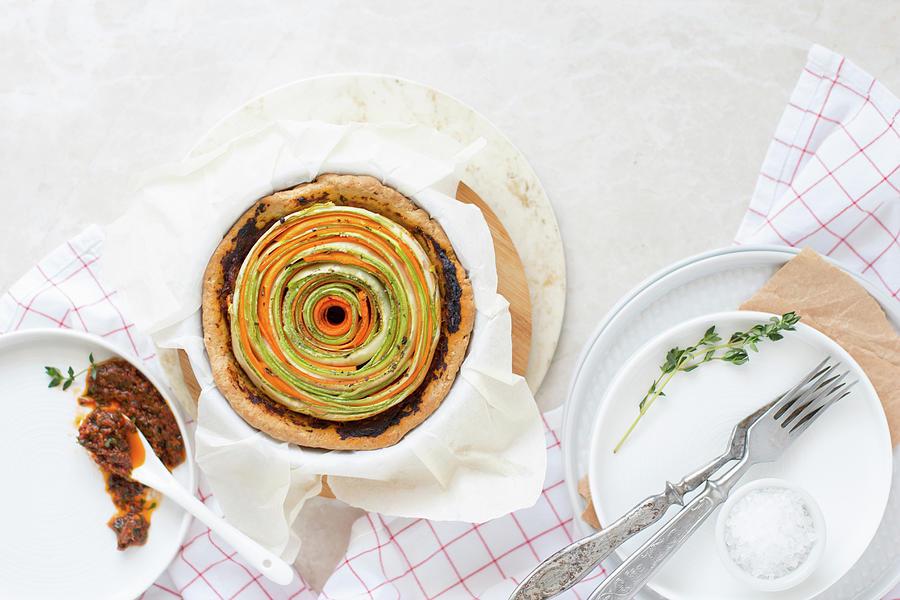 Vegetable Color Spiral Tart With Zucchini, Carrots, White Cheese And Tomato Pesto Photograph by Lana Konat