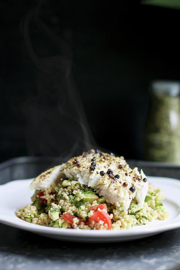 Vegetable Couscous With Spicy Peppered Fish Photograph by Kate Prihodko