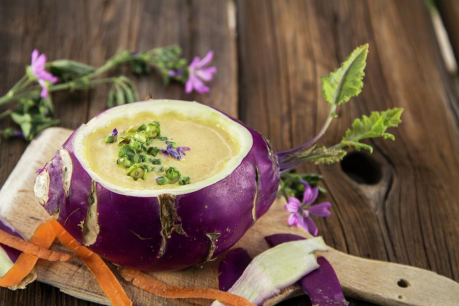 Vegetable Cream Soup With Mallow Served In A Hollowed Out Kohlrabi Photograph by Monika Halmos
