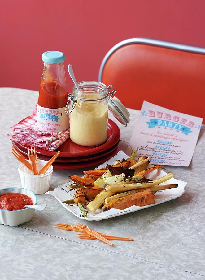Vegetable Fries, Ketchup, And Mayonnaise In A Diner usa Photograph by Jan-peter Westermann