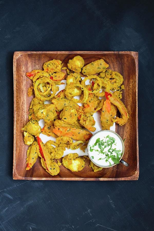 Vegetable Pakora With Raita In A Wooden Bowl view From Above Photograph by Sporrer/skowronek