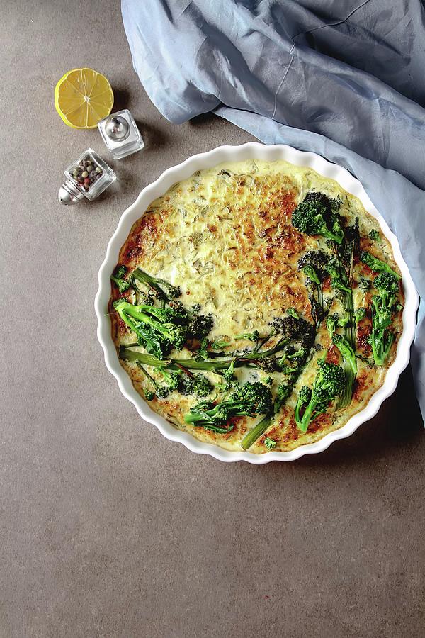 Vegetable Quiche With Broccoli And Cheese In A White Plate, Traditional French Food Photograph by Naltik