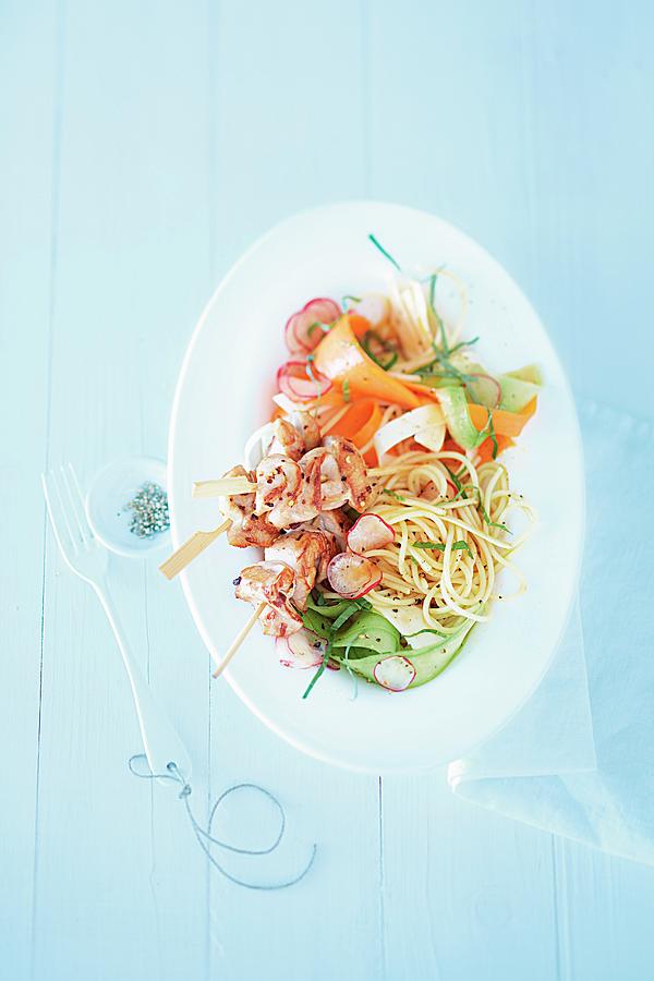 Vegetable Salad With Pasta And Chicken Skewers seen From Above Photograph by Jalag / Janne Peters