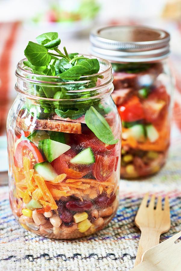 Vegetable Salads In Glass Jars picnic Food Photograph by Jonathan Short