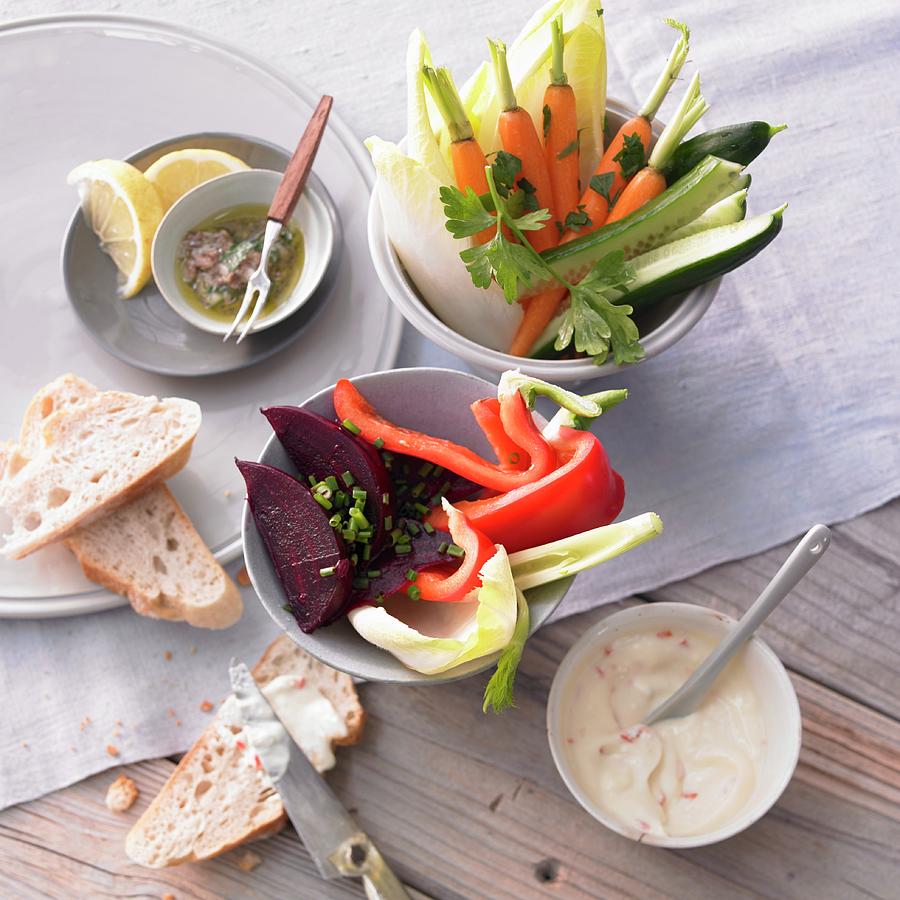 Vegetable Sticks With Spicy Mayonnaise And An Anchovy Dip Photograph by Jan-peter Westermann