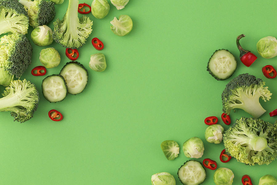 Vegetables Food Pattern Made Of Broccoli, Brussels Sprouts, Cucumber, Chili Pepper Photograph by Olena Yeromenko