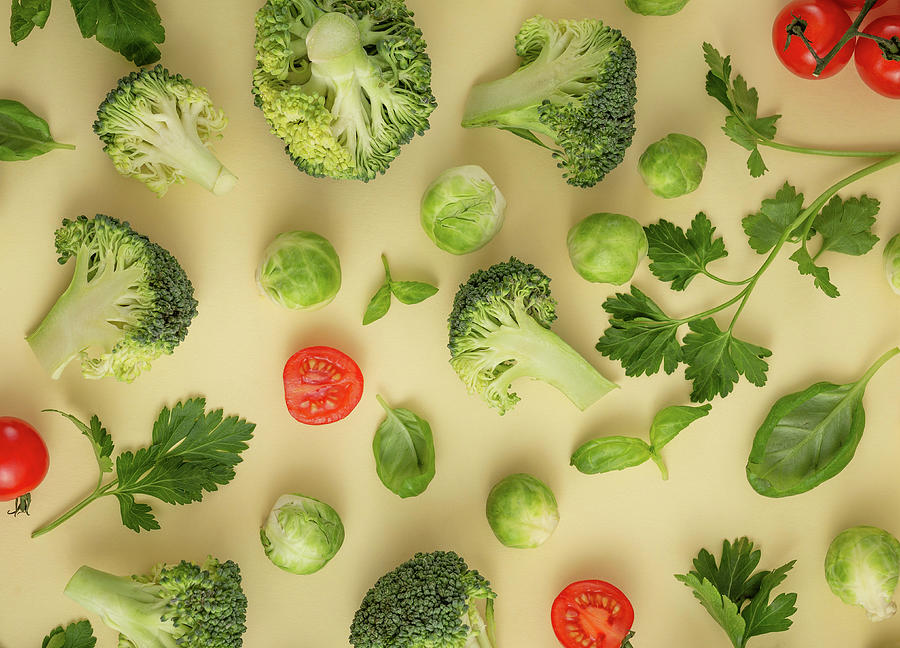 Vegetables Food Pattern Made Of Broccoli, Brussels Sprouts, Cucumber, Cut Tomatoes, Herbs Photograph by Olena Yeromenko