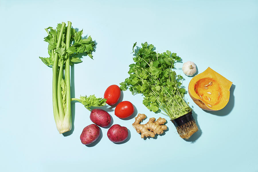 Vegetables, Herbs, Spices On A Blue Background Photograph by Anastasiia Nurullina