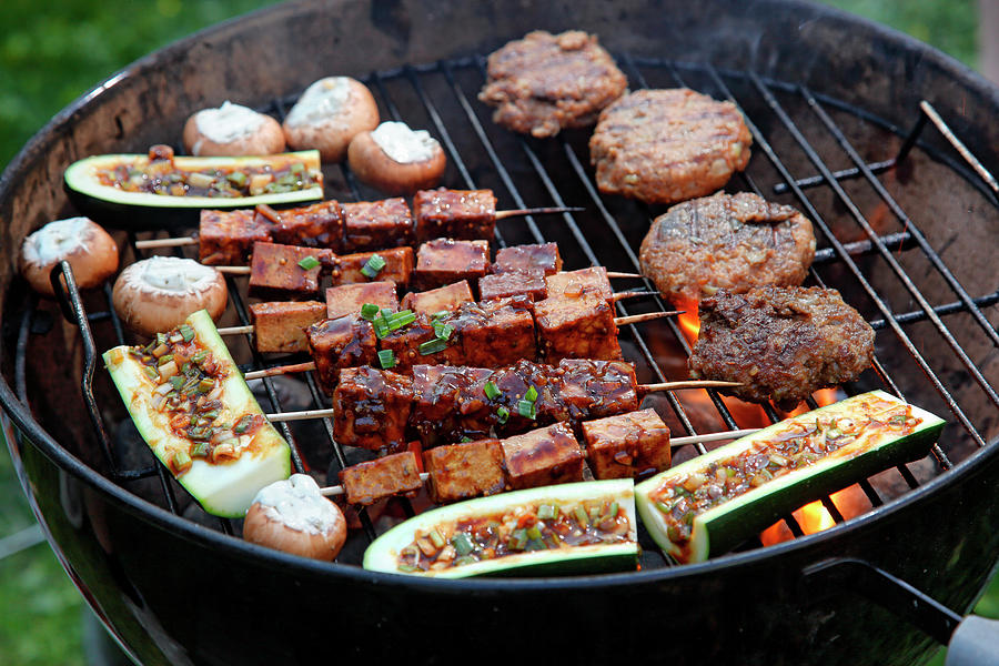 Vegetables, Mushrooms, Tofu Skewers And Lamb Meatballs On A Barbecue Photograph by Petr Gross